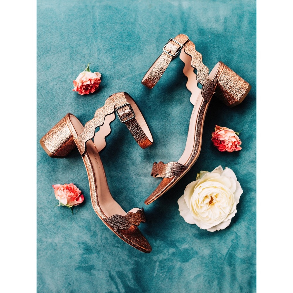 Loeffler Randall Metallic Rose Gold Scalloped Block Heel Sandals